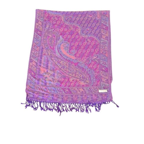 Pashmina Magenta 100% Cashmere Scarf w Fringe - Picture 6 of 7